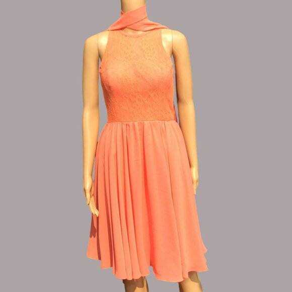 Cocomelody Size 2 Coral Sleeveless Dress Lace Chiffon‎ Flowy Fairy Beachy Halter - Picture 1 of 13